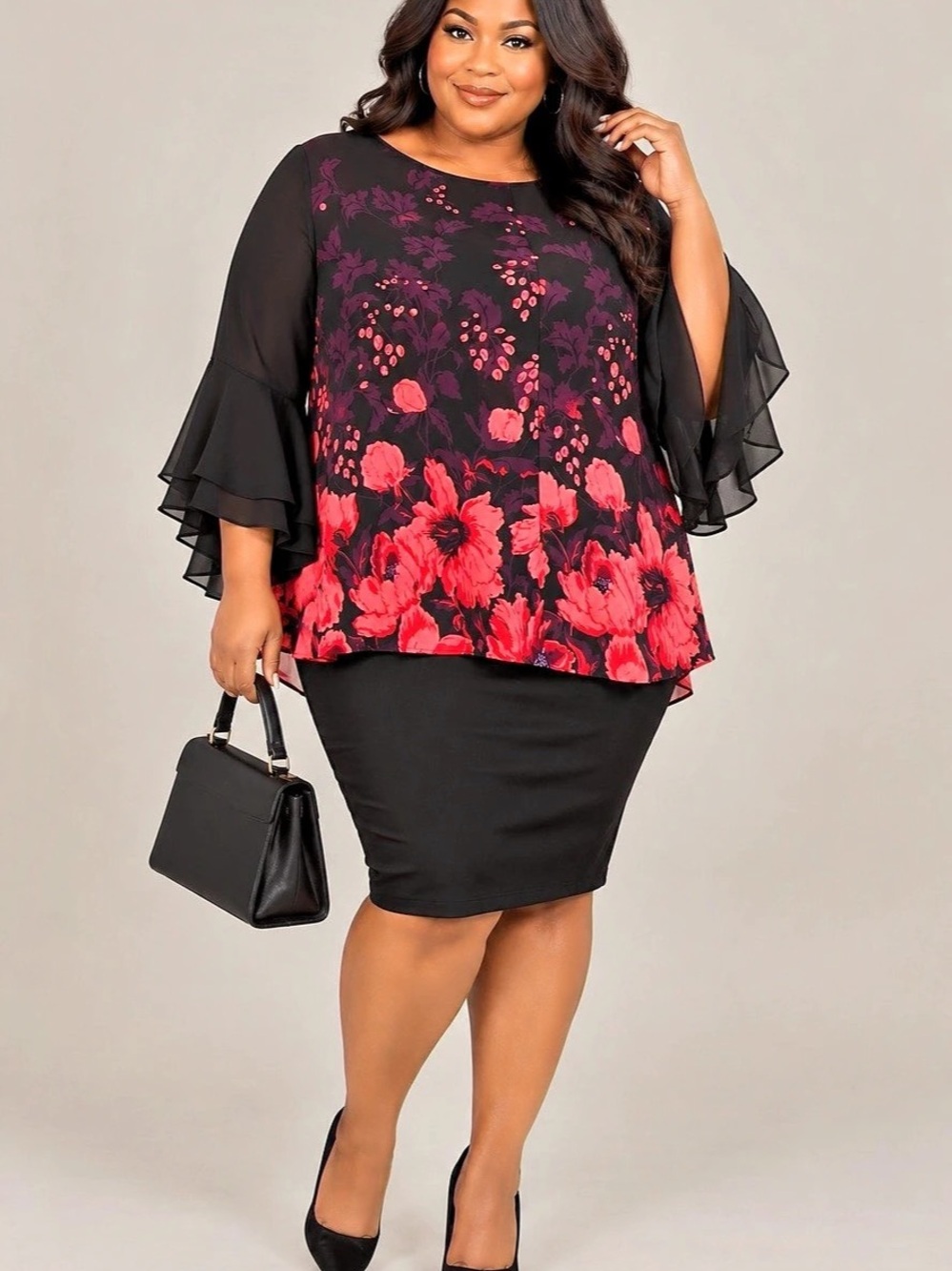 Liz Claiborne Floral Ruffle Sleeve Tunic Black Pink 3X Like New